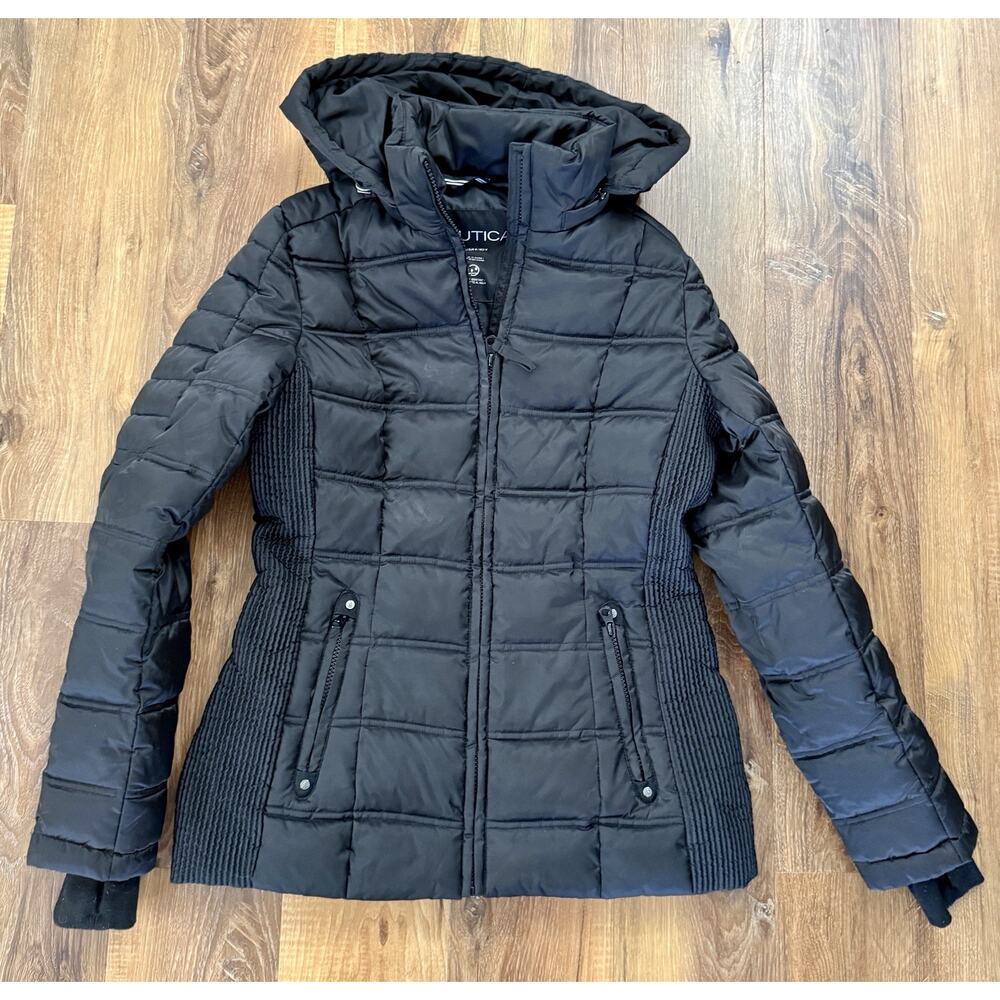 Nautica Black Puffer Jacket Women/Teen Hooded Winter Coat Full Zip Quilted, Sz S